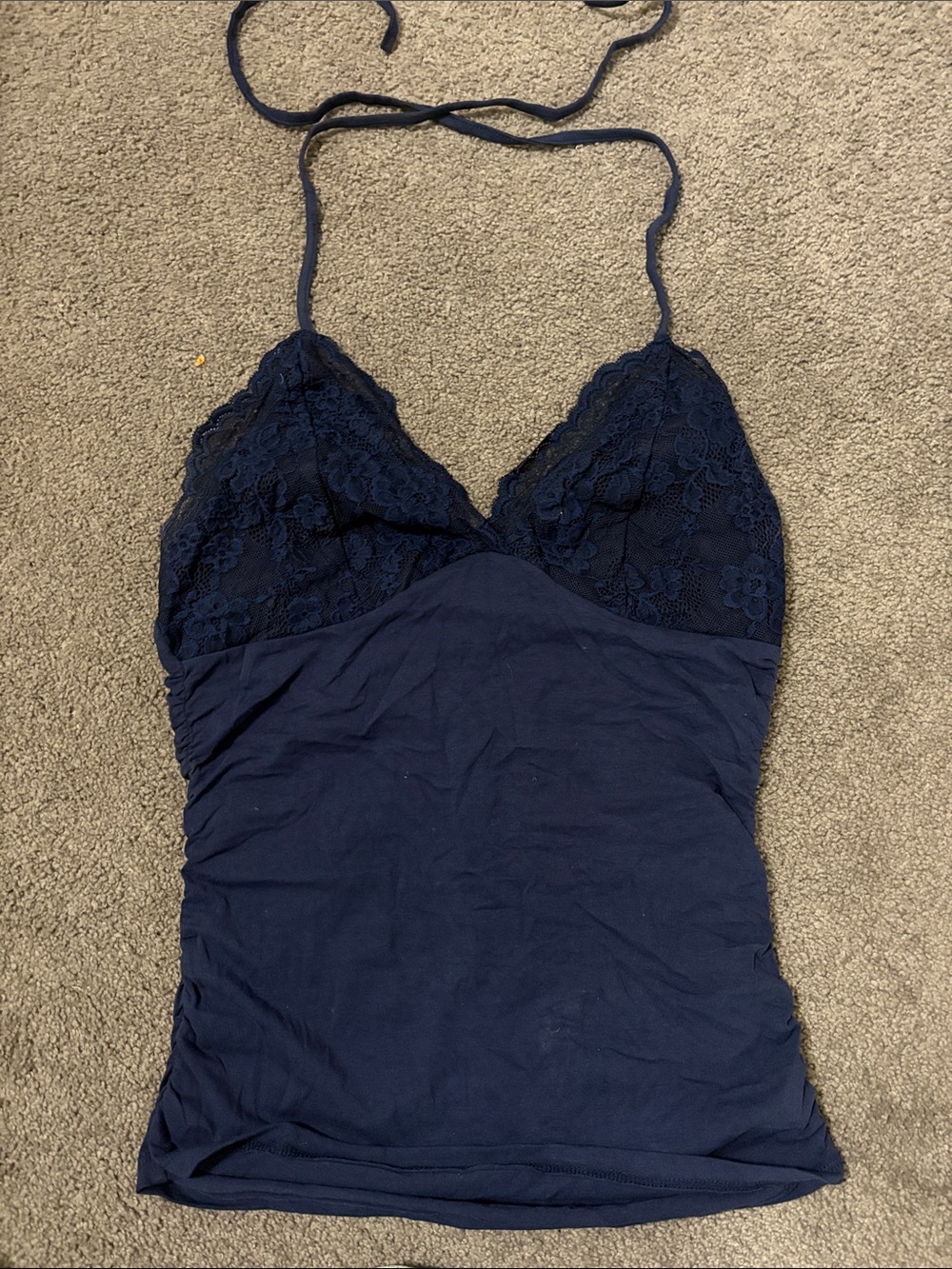 ROMWE Navy Blue Halter Cami with Lace Trim